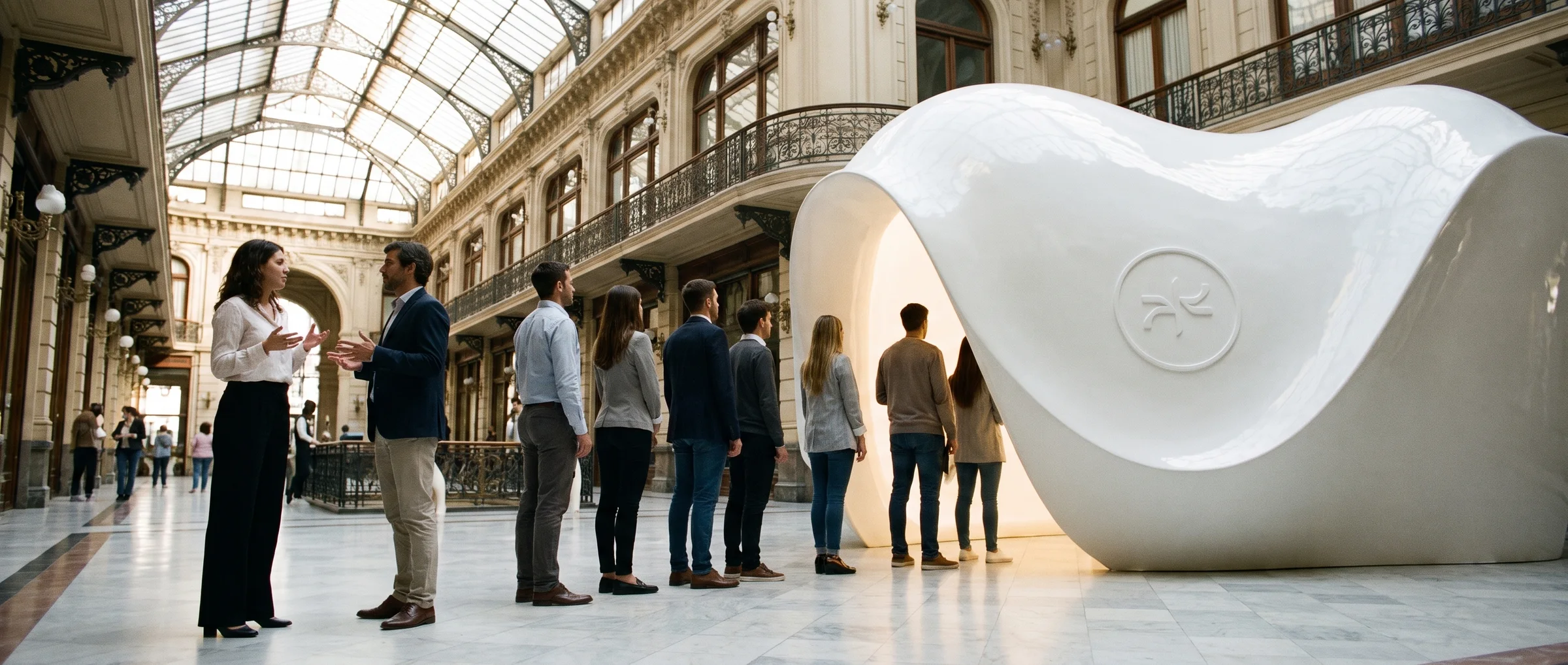 A Dream Wave placement center in Buenos Aires: a white ceramic pavilion with the Dream Wave symbol.