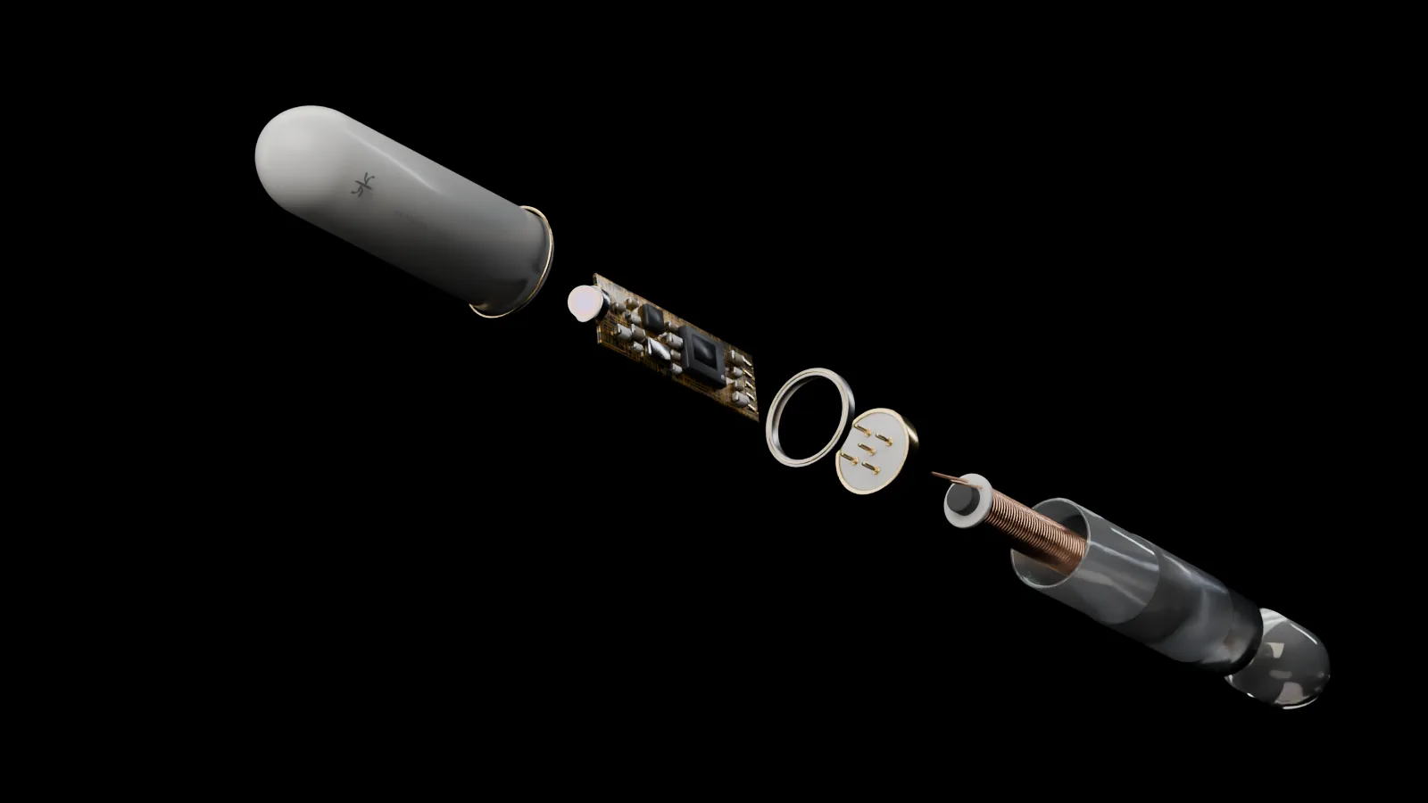 Exploded view of the Dream Deck X along one diagonal: a zirconia cap marked with the Dream Wave symbol, a processor board with an iridescent emitter, a titanium seam ring, a ceramic feedthrough with five gold pins, a copper coil on a ferrite core half inside a bioglass sleeve, and a bioglass tail.