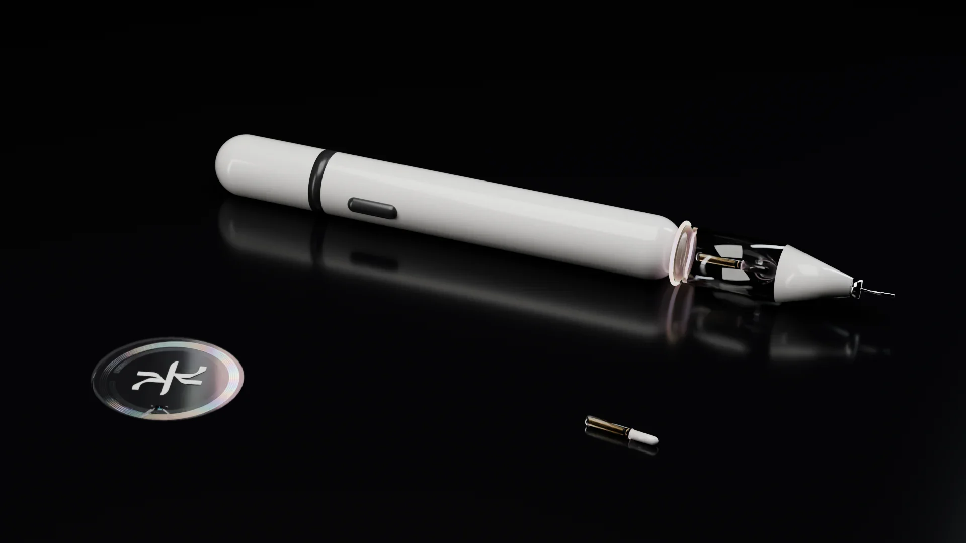 The Dream Wave system on a black reflective surface: the Deck Pen, a Dream Deck X the size of a grain of rice, and a Dream Wave X.3 lying on the surface, its ring breaking the light into colour.