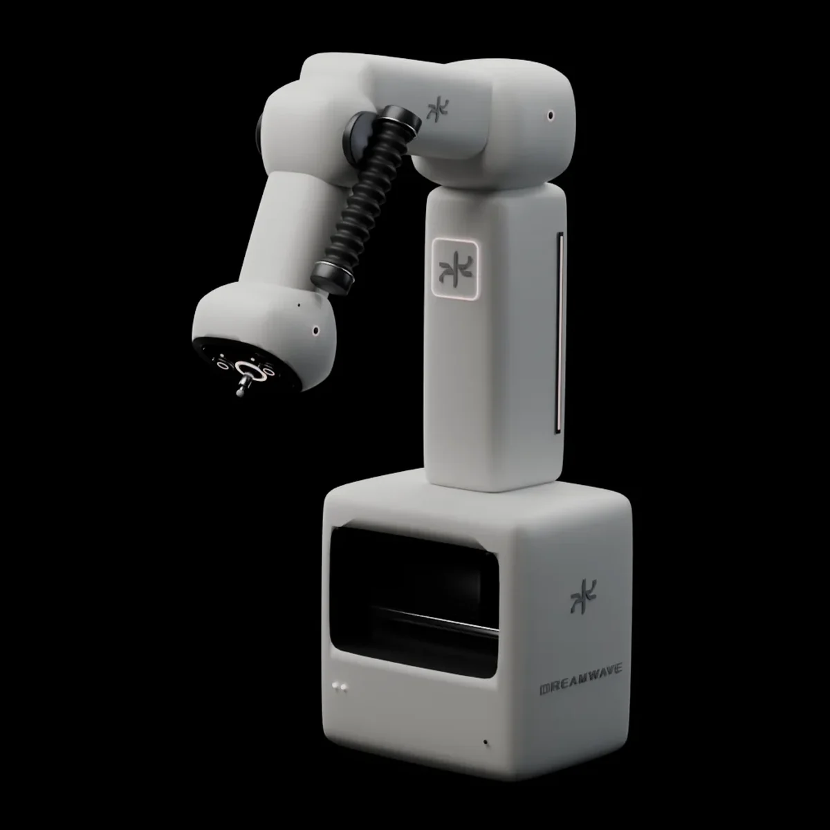 Dream Bot Z.1: a single white robotic arm on an open-fronted pedestal, its sensor head turned down toward where a sleeper would lie.