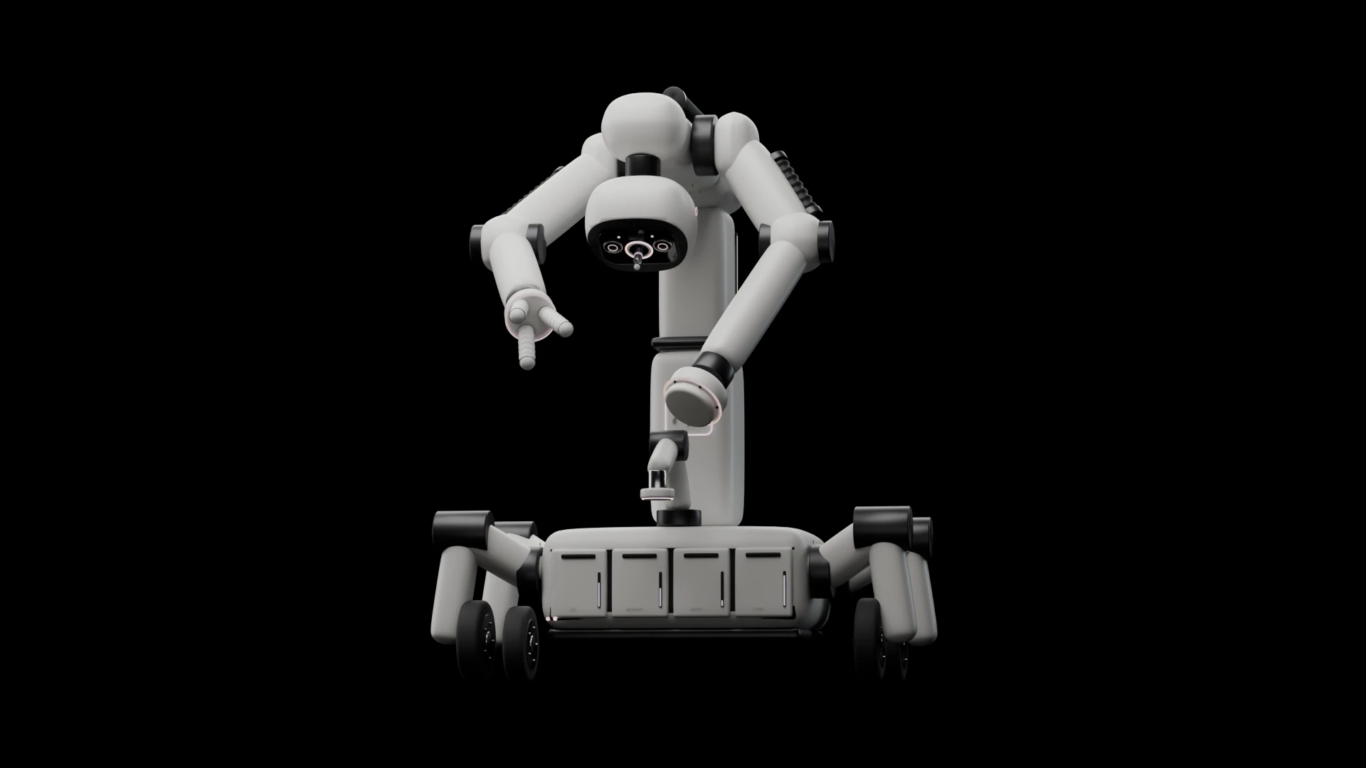 Dream Bot Z.2 seen from the front, centred: a white care platform on four wheeled legs, its sensor head raised on the boom and both arms open.