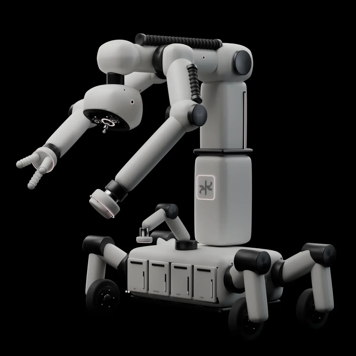 Dream Bot Z.2, a white care platform on four wheeled legs with a boom and hanging arms.